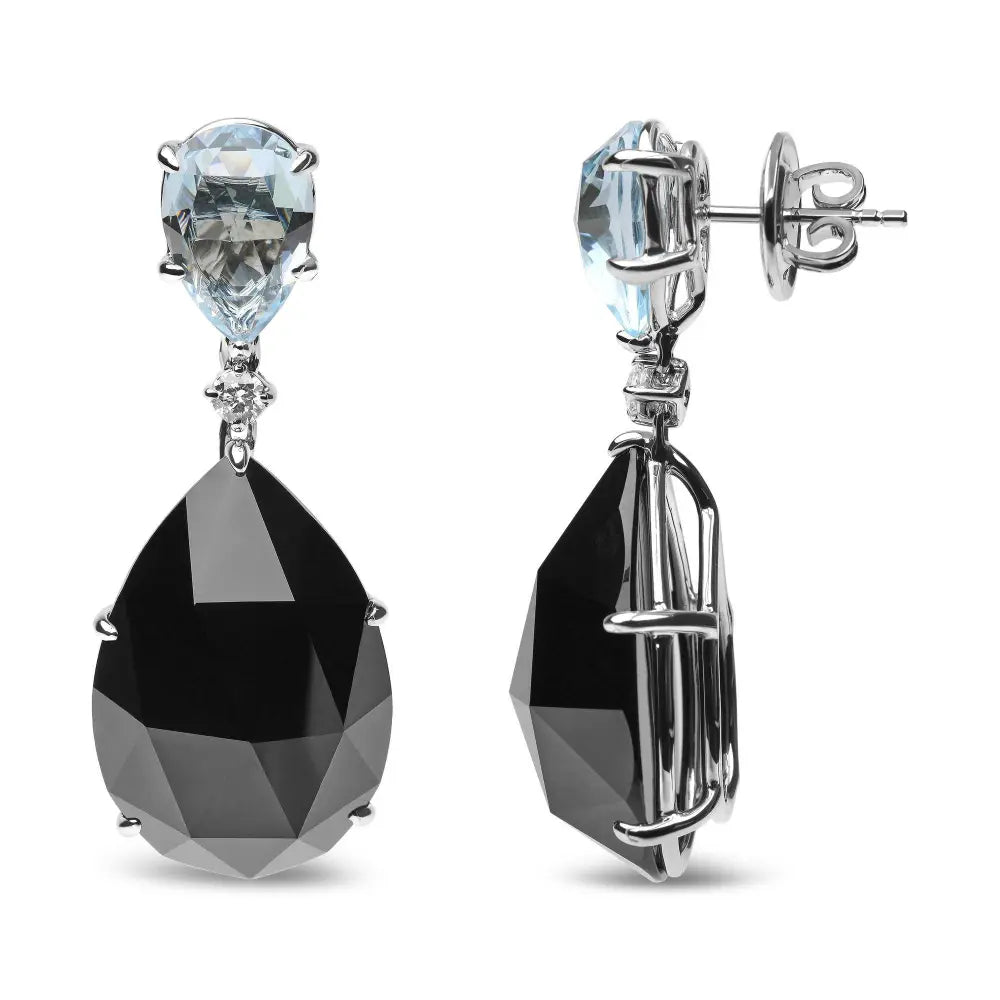 18K White Gold 1/5 Cttw Diamond with Pear Cut Sky Blue Topaz and Pear-Cut Black Onyx Gemstone Dangle Earring (G-H Color, SI1-SI2 Clarity) - Bijoux-NYC Direct