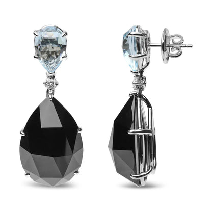 18K White Gold 1/5 Cttw Diamond with Pear Cut Sky Blue Topaz and Pear-Cut Black Onyx Gemstone Dangle Earring (G-H Color, SI1-SI2 Clarity) - Bijoux-NYC Direct