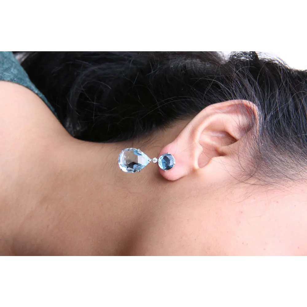 18K White Gold 1/5 Cttw Diamond with Round London Blue Topaz and 20 x 15mm Pear Cut Sky Blue Topaz Gemstone Dangle Earring (G-H Color, SI1-SI2 Clarity) - Bijoux-NYC Direct