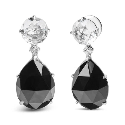 18K White Gold 1/5 Cttw Diamond with Round White Topaz and 20x15mm Pear Cut Black Onyx Gemstone Dangle Earring (G-H Color, SI1-SI2 Clarity) - Bijoux-NYC Direct