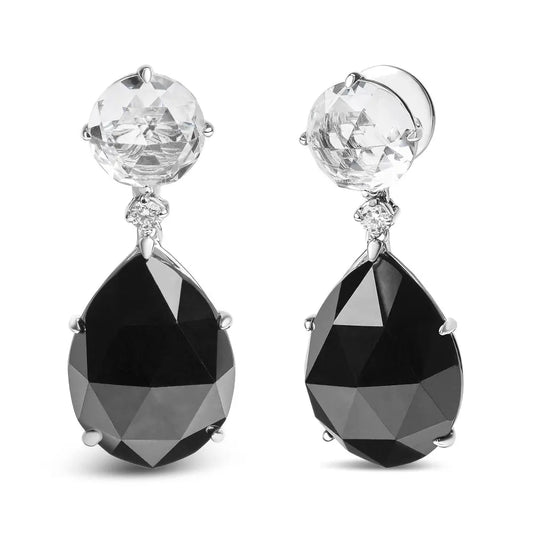 18K White Gold 1/5 Cttw Diamond with Round White Topaz and 20x15mm Pear Cut Black Onyx Gemstone Dangle Earring (G-H Color, SI1-SI2 Clarity) - Bijoux-NYC Direct