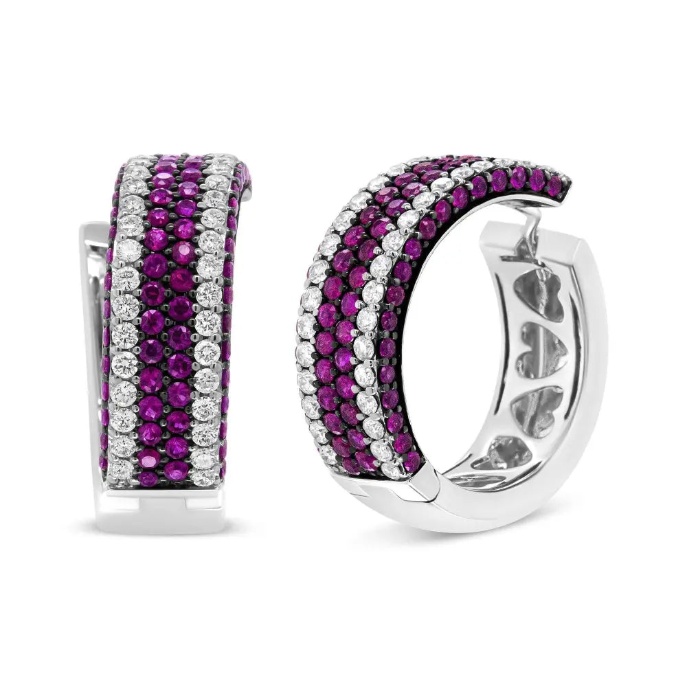 18K White Gold 1 7/8 Cttw Diamond and 1mm Round Red Ruby Open Swish Hoop Earrings (F-G Color, VS1-VS2 Clarity) - Bijoux-NYC Direct