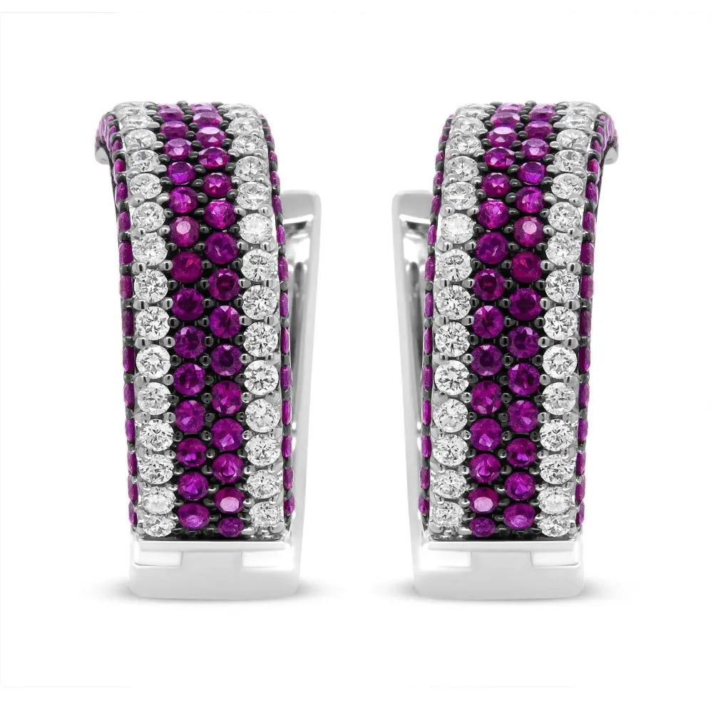 18K White Gold 1 7/8 Cttw Diamond and 1mm Round Red Ruby Open Swish Hoop Earrings (F-G Color, VS1-VS2 Clarity) - Bijoux-NYC Direct