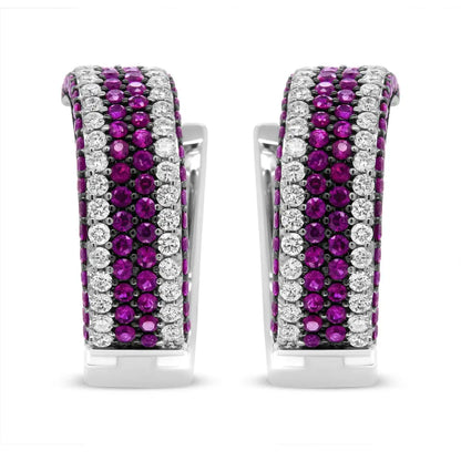 18K White Gold 1 7/8 Cttw Diamond and 1mm Round Red Ruby Open Swish Hoop Earrings (F-G Color, VS1-VS2 Clarity) - Bijoux-NYC Direct