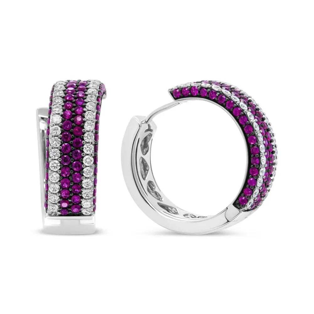 18K White Gold 1 7/8 Cttw Diamond and 1mm Round Red Ruby Open Swish Hoop Earrings (F-G Color, VS1-VS2 Clarity) - Bijoux-NYC Direct
