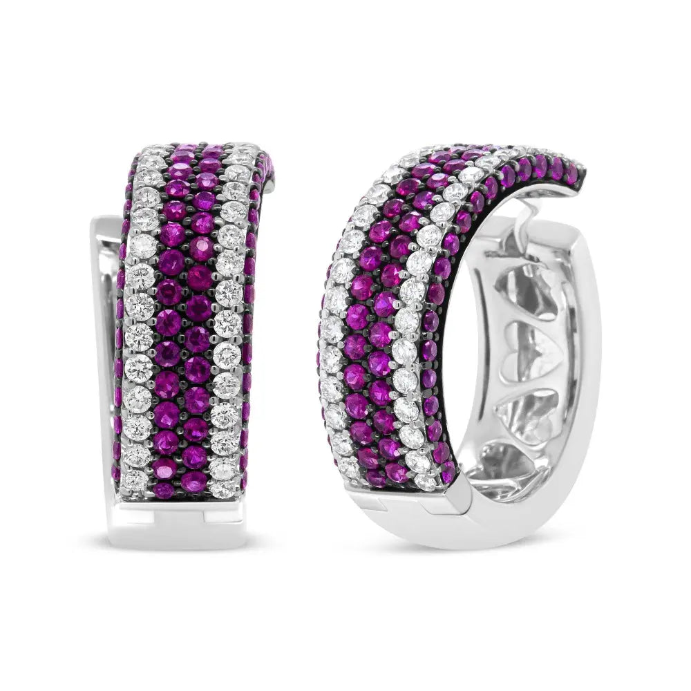 18K White Gold 1 7/8 Cttw Diamond and 1mm Round Red Ruby Open Swish Hoop Earrings (F-G Color, VS1-VS2 Clarity) - Bijoux-NYC Direct