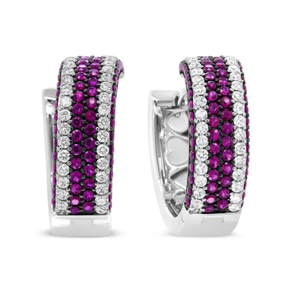 18K White Gold 1 7/8 Cttw Diamond and 1mm Round Red Ruby Open Swish Hoop Earrings (F-G Color, VS1-VS2 Clarity) - Bijoux-NYC Direct