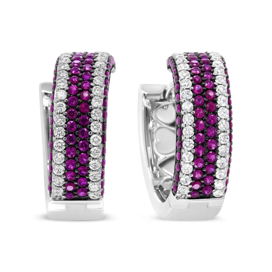 18K White Gold 1 7/8 Cttw Diamond and 1mm Round Red Ruby Open Swish Hoop Earrings (F-G Color, VS1-VS2 Clarity) - Bijoux-NYC Direct