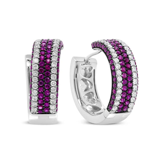 18K White Gold 1 7/8 Cttw Diamond and 1mm Round Red Ruby Open Swish Hoop Earrings (F-G Color, VS1-VS2 Clarity) - Bijoux-NYC Direct