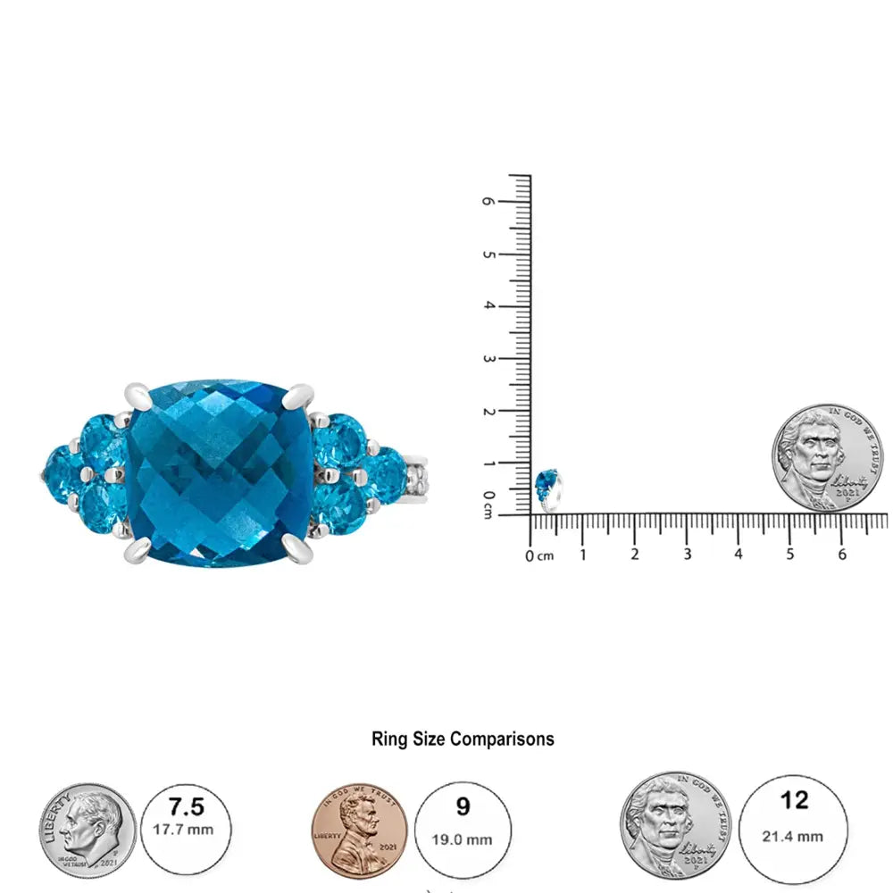 18k white gold 10mm cushion blue topaz and 1/6 cttw diamond ring bijoux-nyc direct