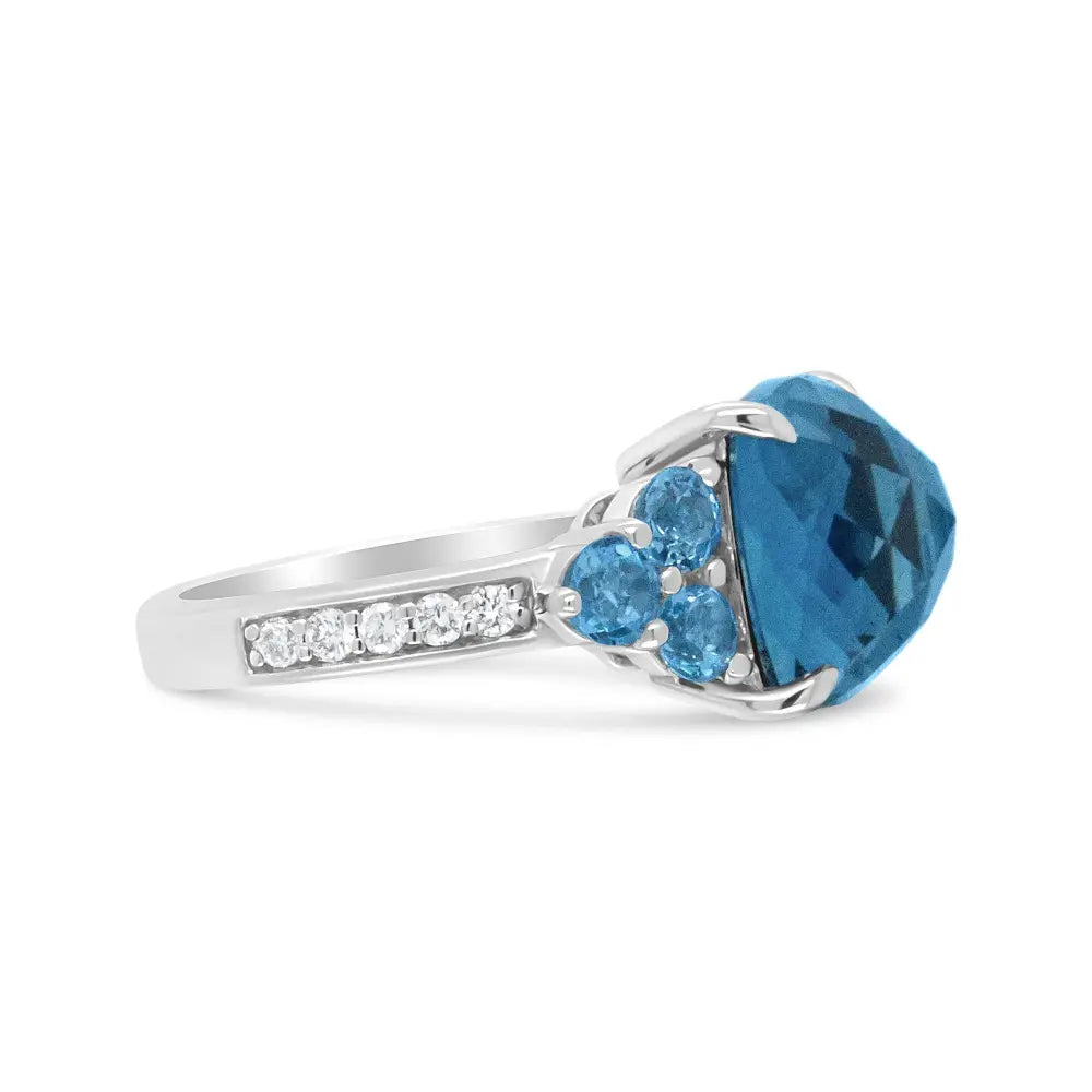 18K White Gold 10mm Cushion Shaped Blue Topaz and 1/6 Cttw Diamond 3 Stone Style Ring (F-G Color, VS1-VS2 Clarity) - Bijoux-NYC Direct