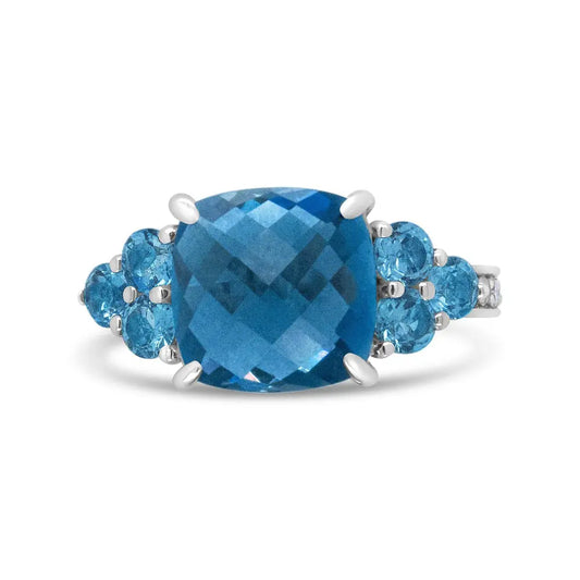 18K White Gold 10mm Cushion Shaped Blue Topaz and 1/6 Cttw Diamond 3 Stone Style Ring (F-G Color, VS1-VS2 Clarity) - Bijoux-NYC Direct