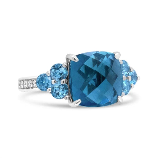18K White Gold 10mm Cushion Shaped Blue Topaz and 1/6 Cttw Diamond 3 Stone Style Ring (F-G Color, VS1-VS2 Clarity) - Bijoux-NYC Direct