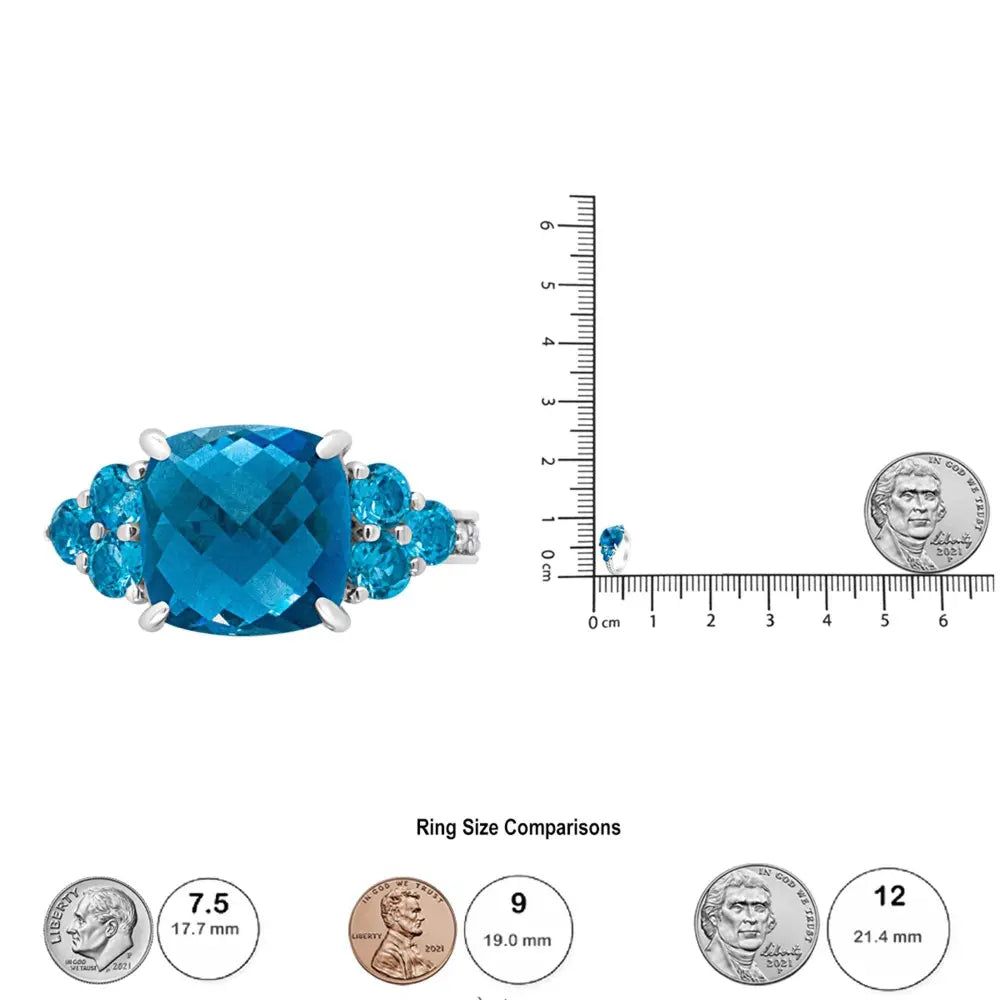18K White Gold 10mm Cushion Shaped Blue Topaz and 1/6 Cttw Diamond 3 Stone Style Ring (F-G Color, VS1-VS2 Clarity) - Bijoux-NYC Direct