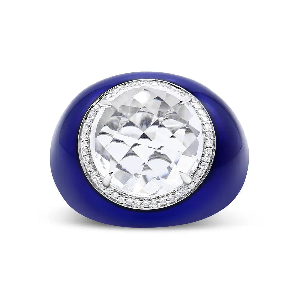 18k white gold 14mm white quartz diamond and blue enamel halo ring bijoux-nyc direct