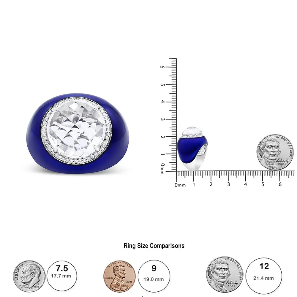 18k white gold 14mm white quartz diamond and blue enamel halo ring bijoux-nyc direct