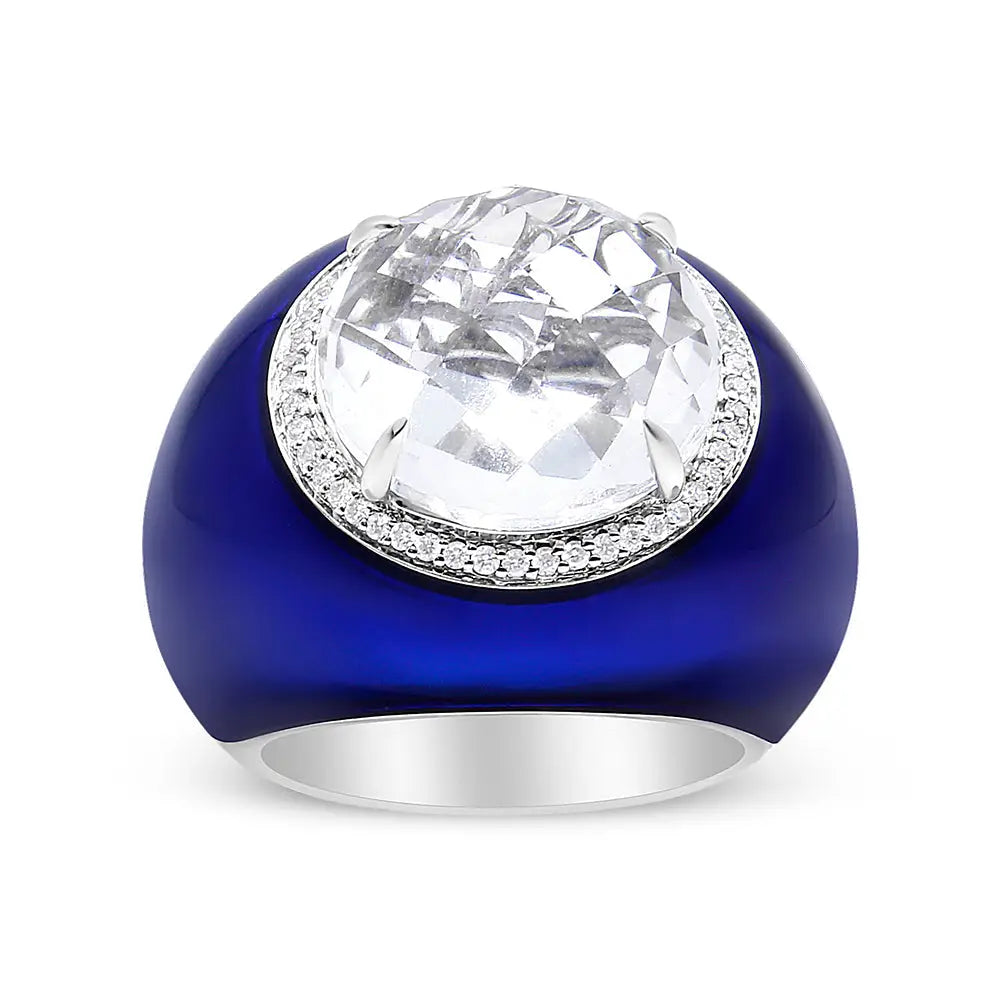 18k white gold 14mm white quartz diamond and blue enamel halo ring bijoux-nyc direct