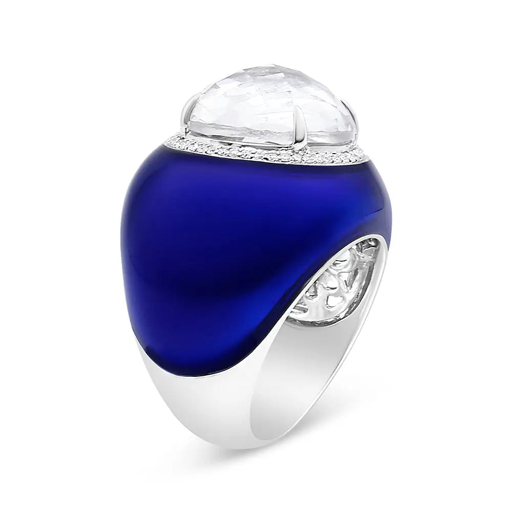 18k white gold 14mm white quartz diamond and blue enamel halo ring bijoux-nyc direct