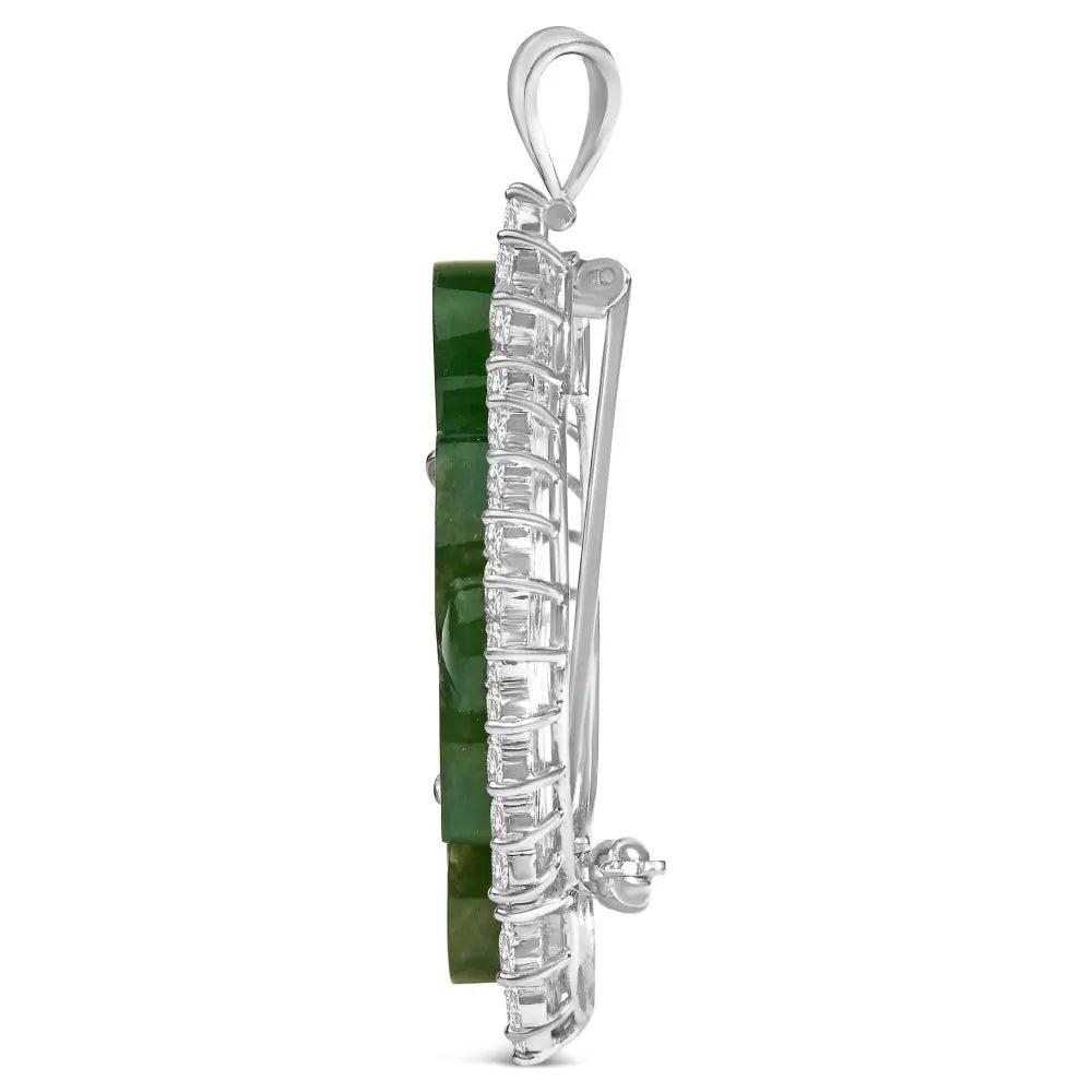 18K White Gold 2.00 Cttw Diamond Halo and Jade Shield Brooch Pin and Pendant (G-H Color, VS1-VS2 Clarity) CHAIN NOT INCLUDED - Bijoux-NYC Direct