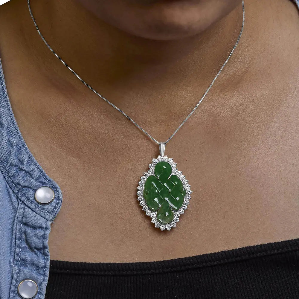 18K White Gold 2.00 Cttw Diamond Halo and Jade Shield Brooch Pin and Pendant (G-H Color, VS1-VS2 Clarity) CHAIN NOT INCLUDED - Bijoux-NYC Direct