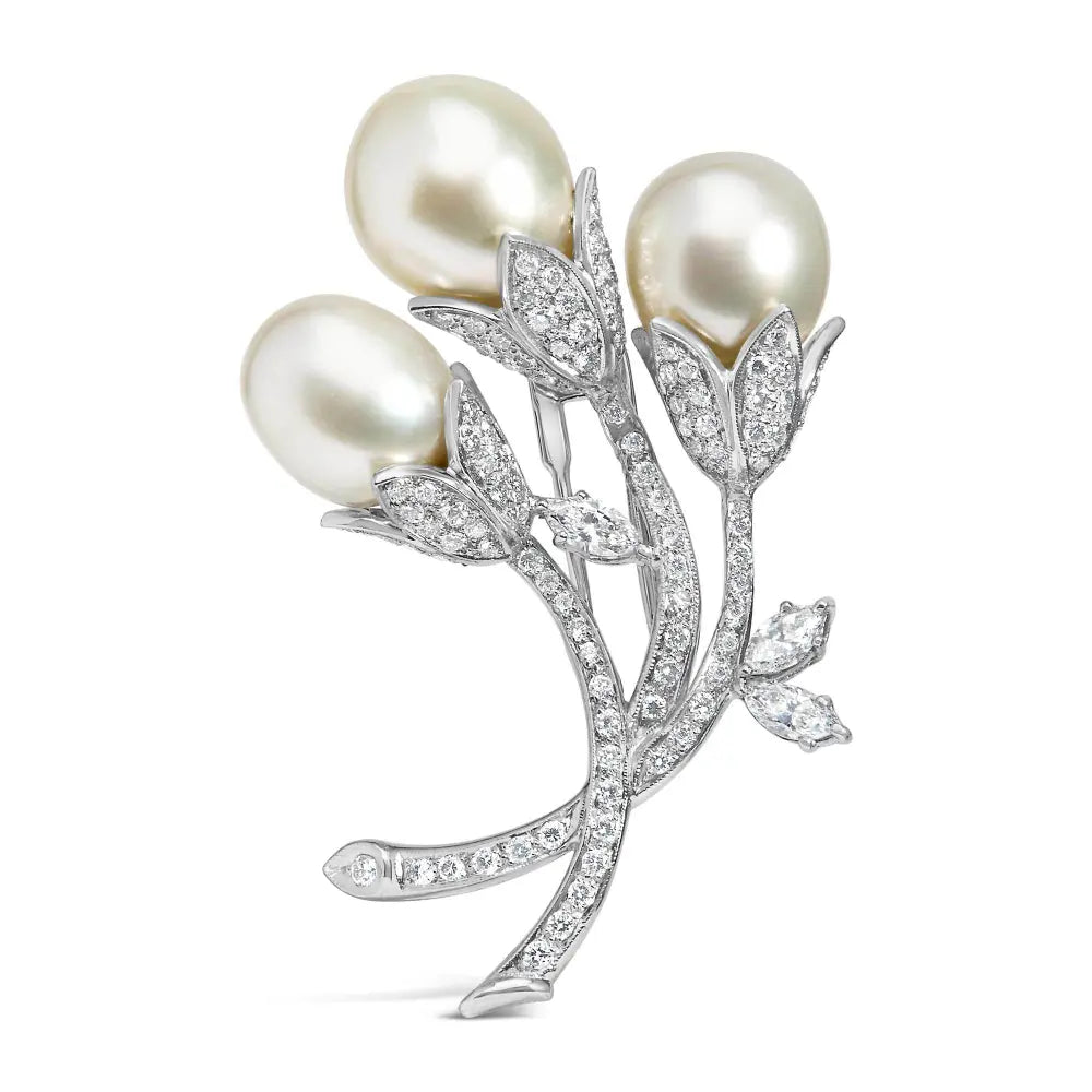 18K White Gold 2 1/5 Cttw Diamond and South Sea Pearl Floral Brooch Pin (G-H Color, VS1-VS2 Clarity) - Bijoux-NYC Direct