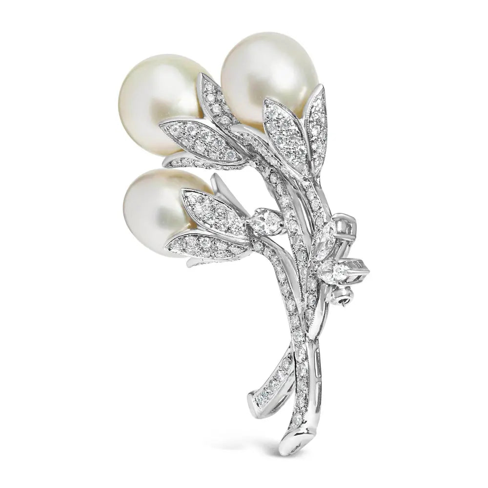 18K White Gold 2 1/5 Cttw Diamond and South Sea Pearl Floral Brooch Pin (G-H Color, VS1-VS2 Clarity) - Bijoux-NYC Direct