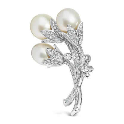 18K White Gold 2 1/5 Cttw Diamond and South Sea Pearl Floral Brooch Pin (G-H Color, VS1-VS2 Clarity) - Bijoux-NYC Direct