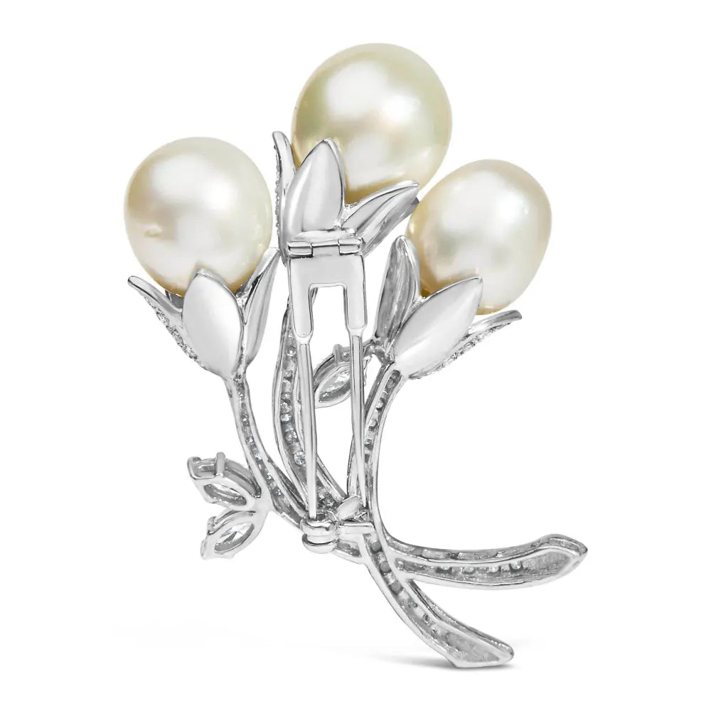 18K White Gold 2 1/5 Cttw Diamond and South Sea Pearl Floral Brooch Pin (G-H Color, VS1-VS2 Clarity) - Bijoux-NYC Direct