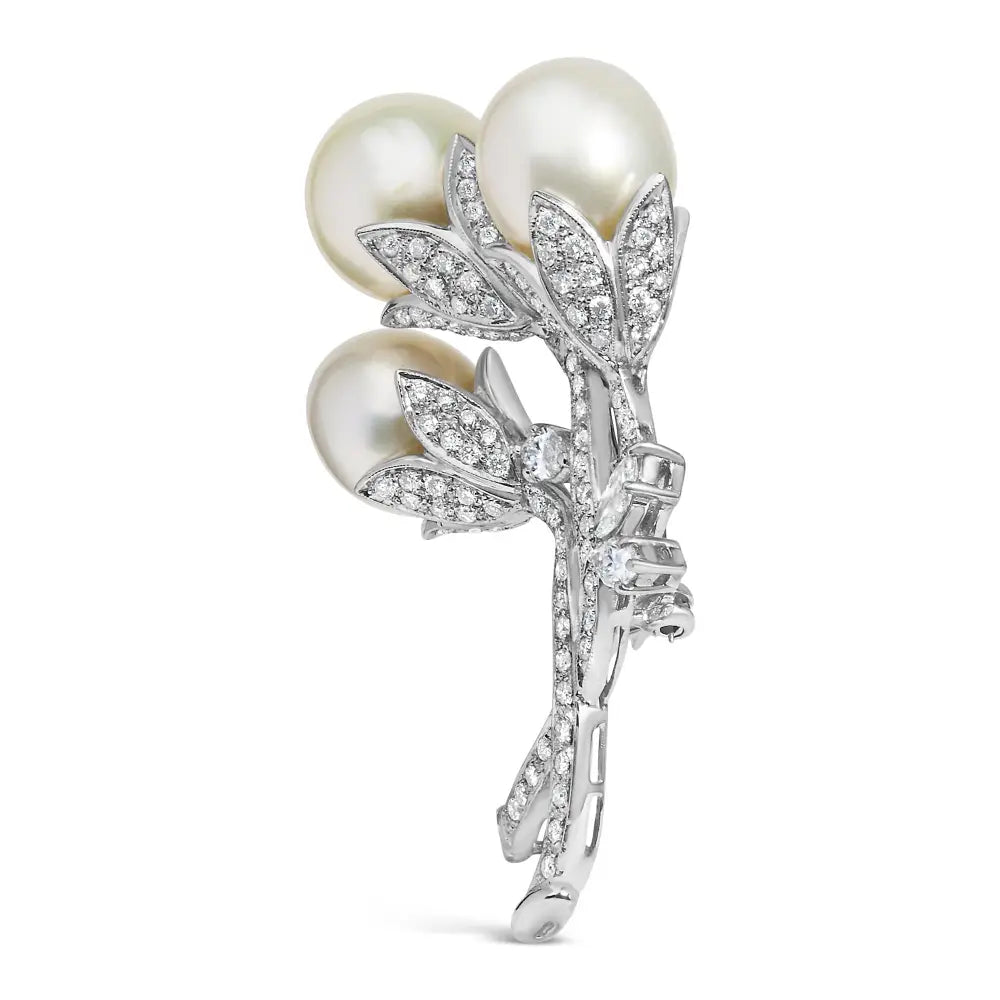18k white gold floral brooch with south sea pearls and 2 1/5 cttw diamonds bijoux-nyc direct