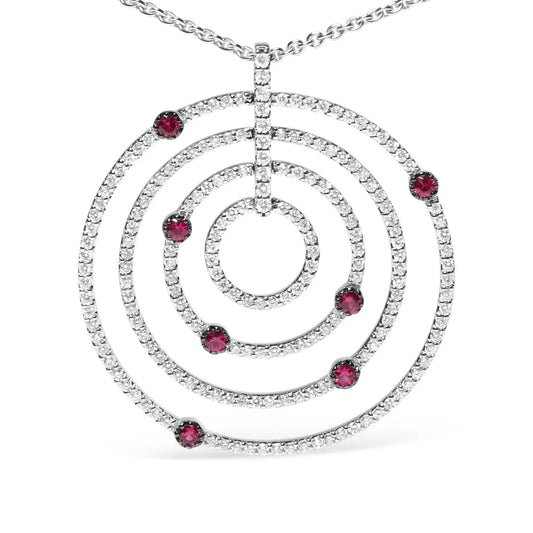 18K White Gold 2 1/6 Cttw Pave Set Diamonds and Red Ruby Openwork Circles 18" Pendant Necklace  (G-H Color, SI2-I1 Clarity) - Adjustable up to 16" - 18" - Bijoux-NYC Direct
