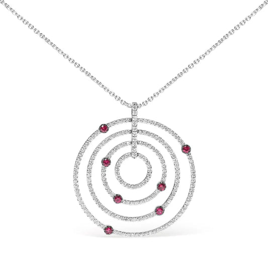 18K White Gold 2 1/6 Cttw Pave Set Diamonds and Red Ruby Openwork Circles 18" Pendant Necklace  (G-H Color, SI2-I1 Clarity) - Adjustable up to 16" - 18" - Bijoux-NYC Direct