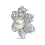 18K White Gold 2 3/4 Cttw Diamond and 12.5 MM Cultured Freshwater Pearl Floral Brooch Pin (G-H Color, VS1-VS2 Clarity) - Bijoux-NYC Direct