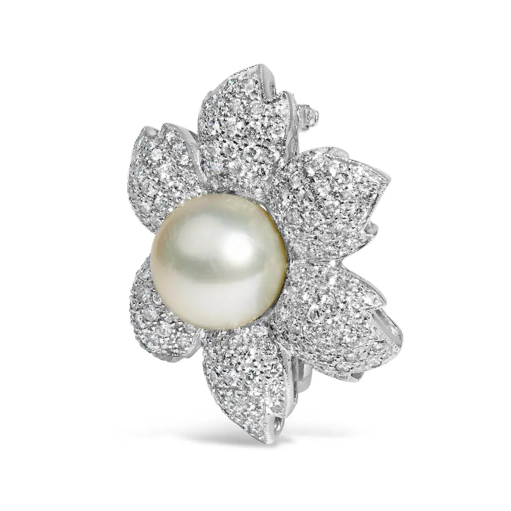 18K White Gold 2 3/4 Cttw Diamond and 12.5 MM Cultured Freshwater Pearl Floral Brooch Pin (G-H Color, VS1-VS2 Clarity) - Bijoux-NYC Direct