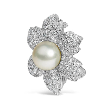 18K White Gold 2 3/4 Cttw Diamond and 12.5 MM Cultured Freshwater Pearl Floral Brooch Pin (G-H Color, VS1-VS2 Clarity) - Bijoux-NYC Direct