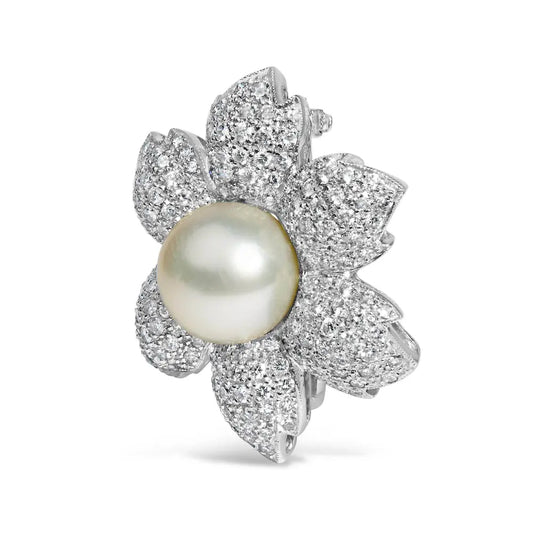 18K White Gold 2 3/4 Cttw Diamond and 12.5 MM Cultured Freshwater Pearl Floral Brooch Pin (G-H Color, VS1-VS2 Clarity) - Bijoux-NYC Direct