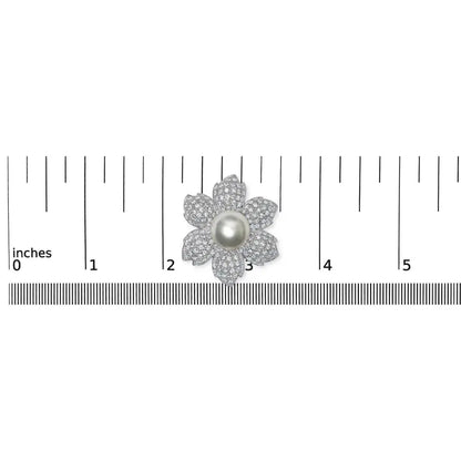 18K White Gold 2 3/4 Cttw Diamond and 12.5 MM Cultured Freshwater Pearl Floral Brooch Pin (G-H Color, VS1-VS2 Clarity) - Bijoux-NYC Direct