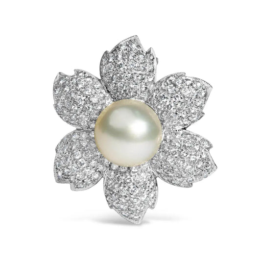 18K White Gold 2 3/4 Cttw Diamond and 12.5 MM Cultured Freshwater Pearl Floral Brooch Pin (G-H Color, VS1-VS2 Clarity) - Bijoux-NYC Direct
