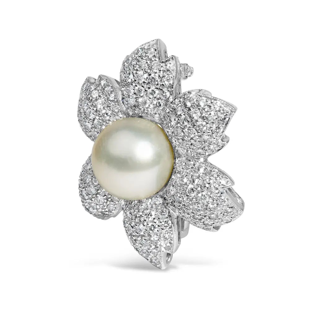 18k white gold 2.75ctw diamond and 12.5mm pearl floral brooch bijoux-nyc direct