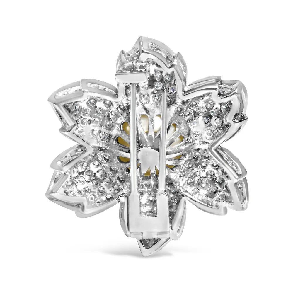 18K White Gold 2 3/4 Cttw Diamond and 12.5 MM Cultured Freshwater Pearl Floral Brooch Pin (G-H Color, VS1-VS2 Clarity) - Bijoux-NYC Direct