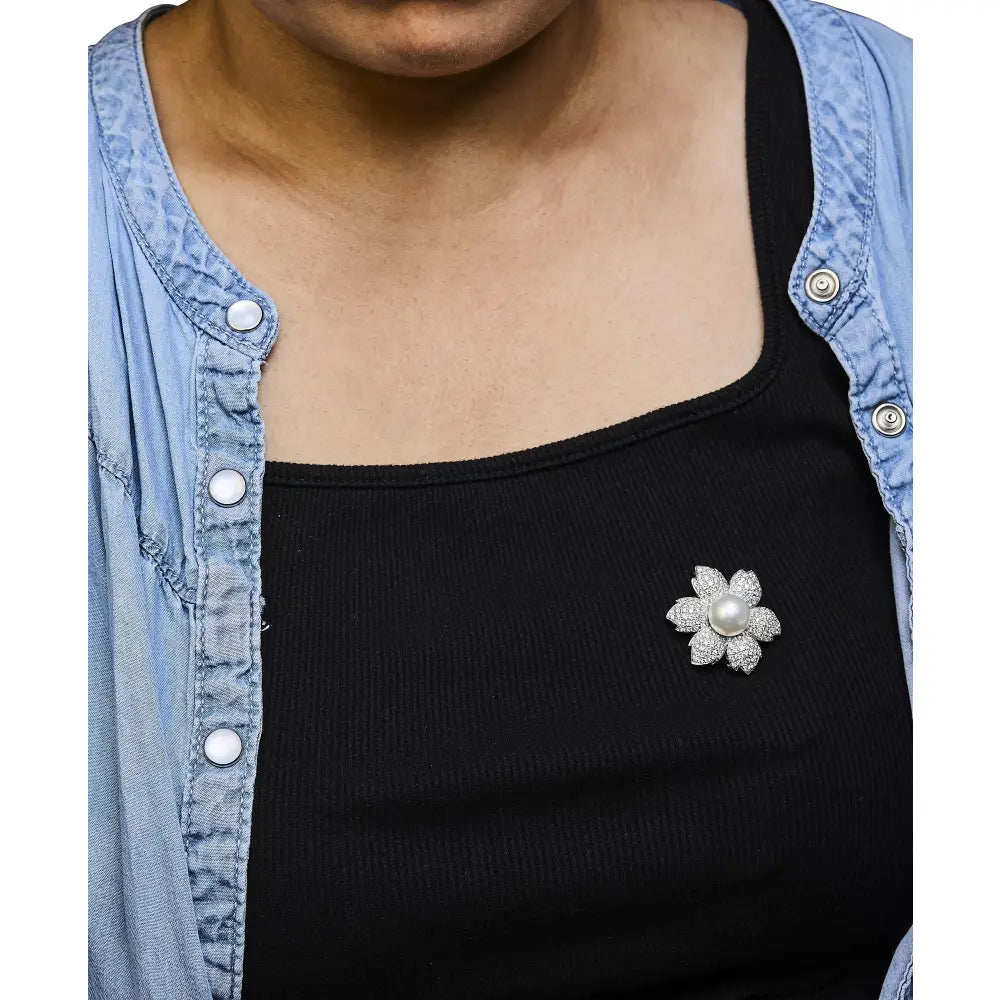 18k white gold 2.75ctw diamond and 12.5mm pearl floral brooch bijoux-nyc direct