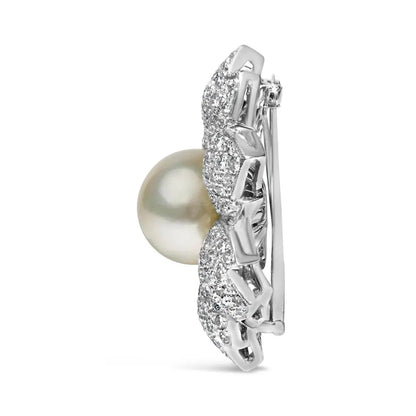 18K White Gold 2 3/4 Cttw Diamond and 12.5 MM Cultured Freshwater Pearl Floral Brooch Pin (G-H Color, VS1-VS2 Clarity) - Bijoux-NYC Direct