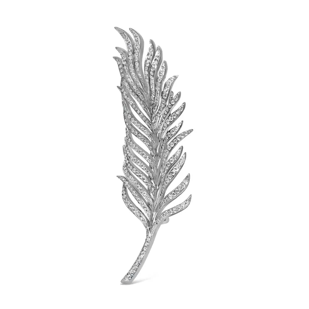18k white gold 2 7/8 cttw diamond feather brooch pin 3 1/3 inch bijoux-nyc direct