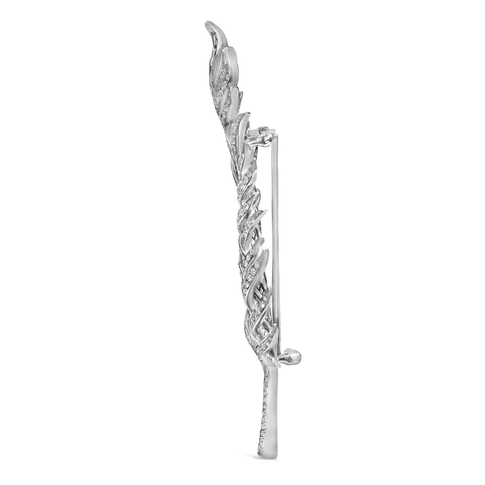 18k white gold 2 7/8 cttw diamond feather brooch pin 3 1/3 inch bijoux-nyc direct