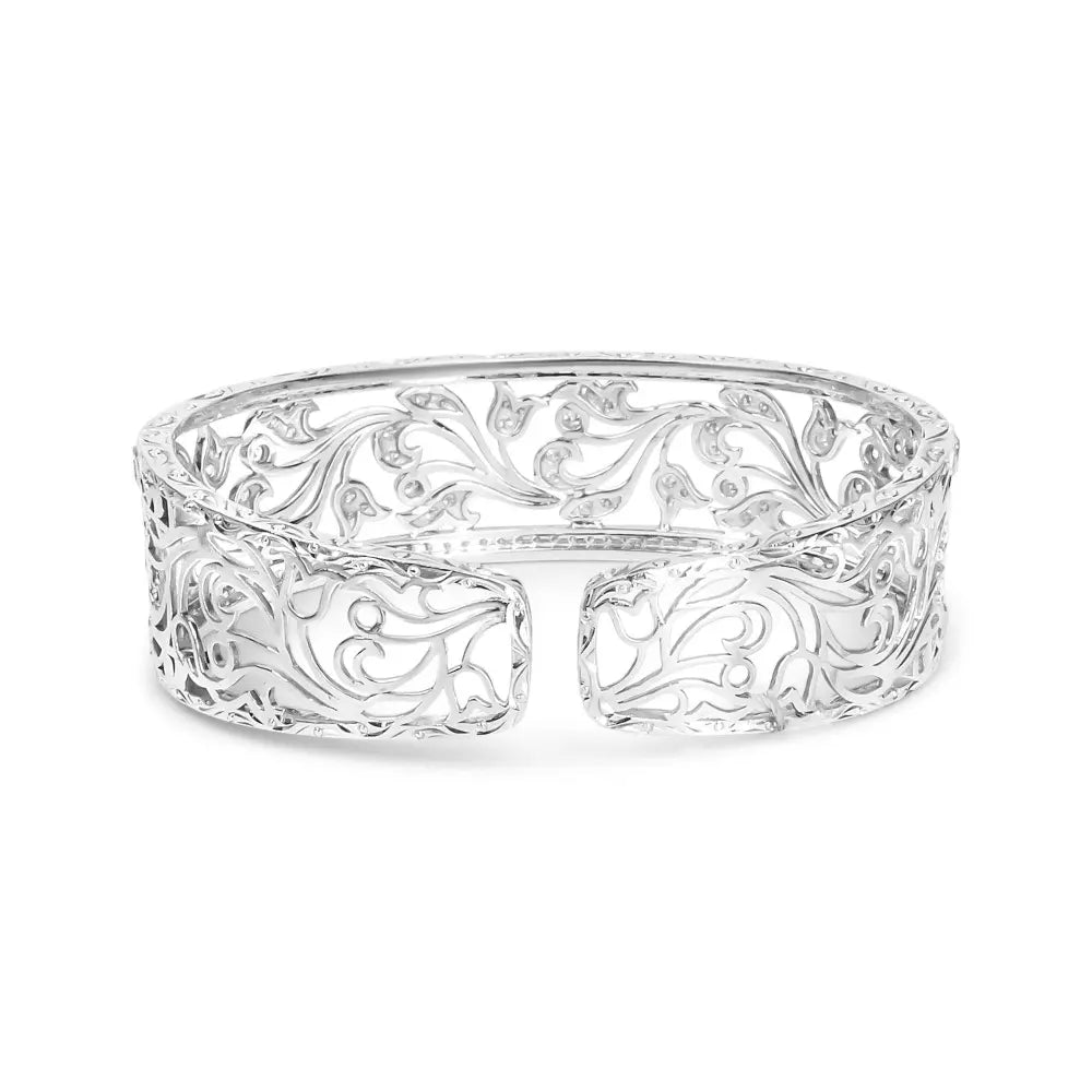 18K White Gold 3 1/4 Cttw Pave Diamond Openwork Floral Filigree Swirl Bangle Cuff Bracelet (H-I Color, VS2-SI1 Clarity) - Bijoux-NYC Direct