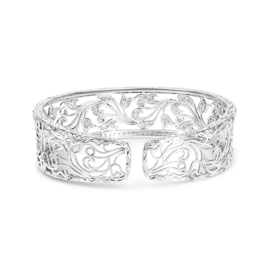 18K White Gold 3 1/4 Cttw Pave Diamond Openwork Floral Filigree Swirl Bangle Cuff Bracelet (H-I Color, VS2-SI1 Clarity) - Bijoux-NYC Direct