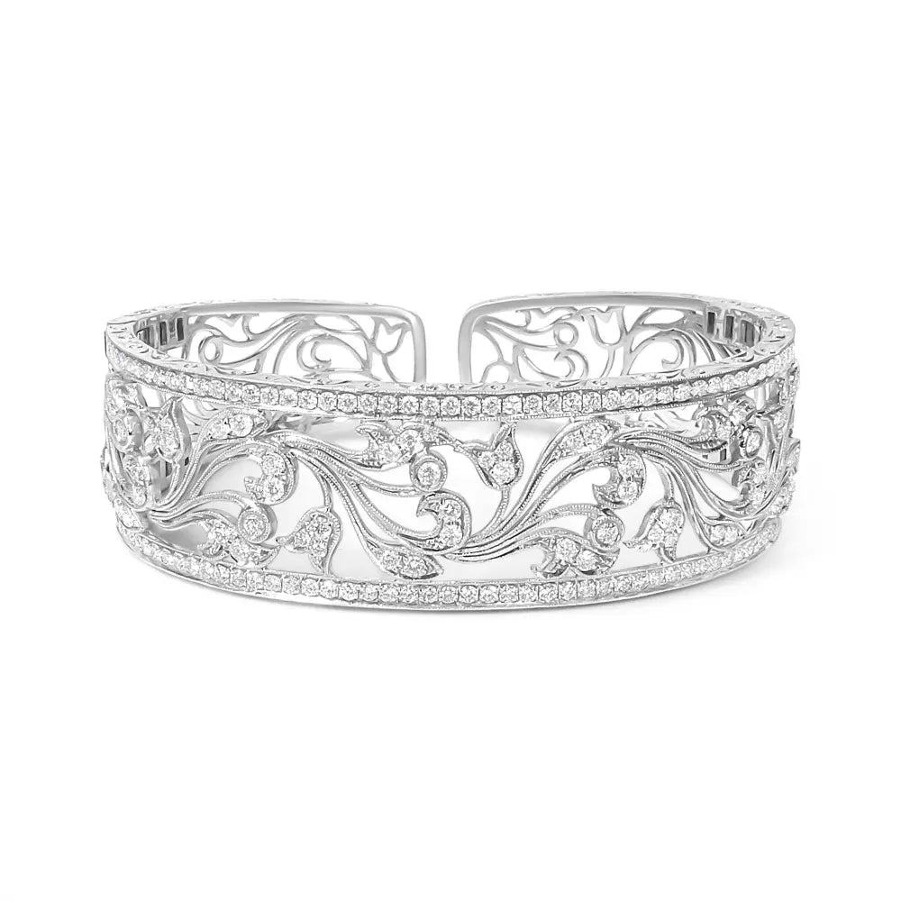 18K White Gold 3 1/4 Cttw Pave Diamond Openwork Floral Filigree Swirl Bangle Cuff Bracelet (H-I Color, VS2-SI1 Clarity) - Bijoux-NYC Direct