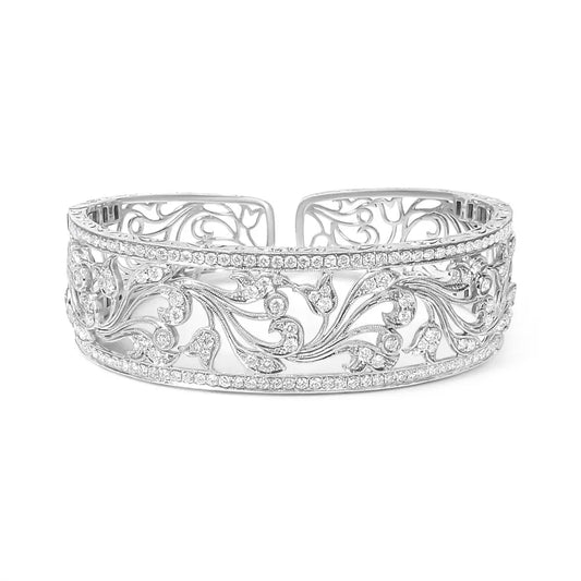 18K White Gold 3 1/4 Cttw Pave Diamond Openwork Floral Filigree Swirl Bangle Cuff Bracelet (H-I Color, VS2-SI1 Clarity) - Bijoux-NYC Direct