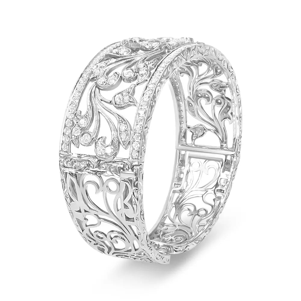 18K White Gold 3 1/4 Cttw Pave Diamond Openwork Floral Filigree Swirl Bangle Cuff Bracelet (H-I Color, VS2-SI1 Clarity) - Bijoux-NYC Direct