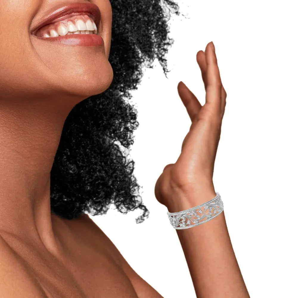 18K White Gold 3 1/4 Cttw Pave Diamond Openwork Floral Filigree Swirl Bangle Cuff Bracelet (H-I Color, VS2-SI1 Clarity) - Bijoux-NYC Direct