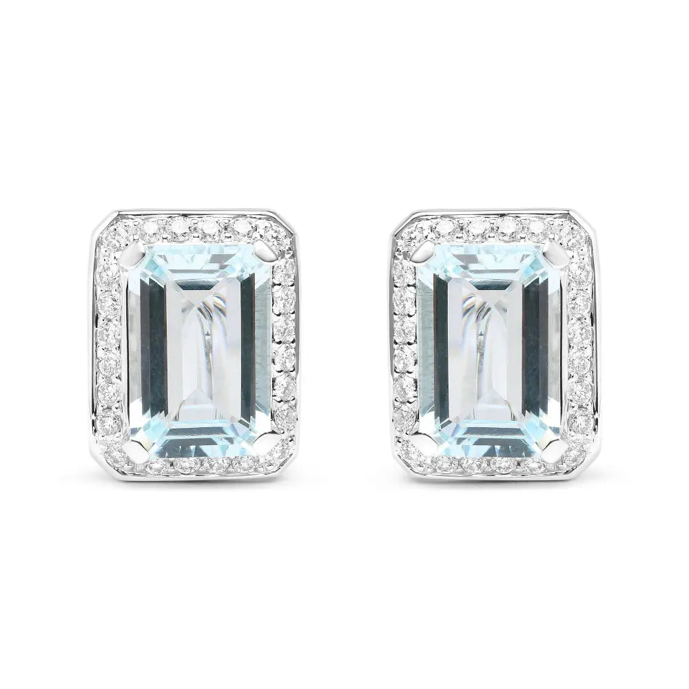 18K White Gold 3/4 Cttw Round Diamond and 13x9mm Emerald Cut Blue Aquamarine Gemstone Halo Omega Stud Earrings (G-H Color, SI1-SI2 Clarity) - Bijoux-NYC Direct